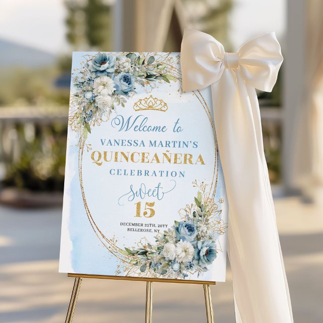 Chic Dusty Blue Gold Greenery Quinceañera Welcome  Foam Board (Chic Dusty Blue Gold Greenery Quinceañera Welcome Sign

)
