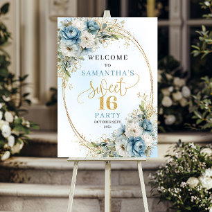 Chic Dusty Blue Greenery Sweet 16 Welcome Poster