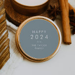 Chic | Dusty Blue Happy 2024 New Year Holiday Gift Classic Round Sticker<br><div class="desc">These chic dusty blue happy 2024 new year holiday gift stickers are perfect for a simple holiday present or holiday card. The simple design features classic minimalist white typography with a rustic boho feel. Customizable in any color. Keep the design minimal and elegant, as is, or personalize it by adding...</div>