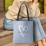 Chic Dusty Blue Heart Personalized Tote Bag<br><div class="desc">This dusty blue tote bag is personalized with your name in a simple font over a large white heart. Ideal for yourself,  for your bridesmaids,  book club,  graduation gift,  birthday gift,  teacher's gift or any occasion. MORE colors in our store.</div>