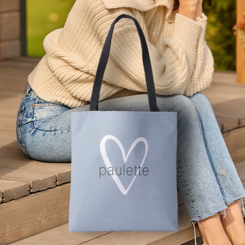 Chic Dusty Blue Heart Personalized Tote Bag