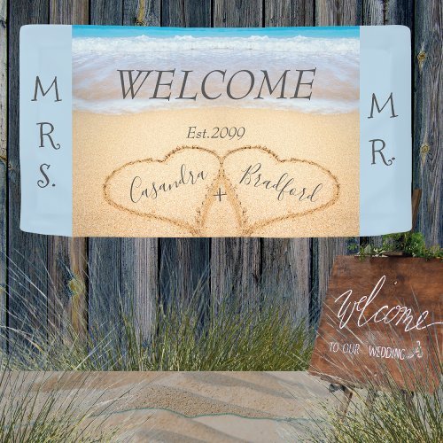 Chic Dusty Blue Hearts Beach welcome wedding Banner