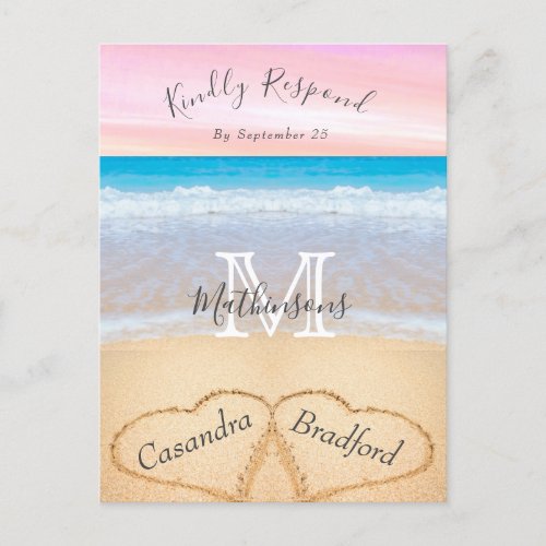 Chic Dusty Blue Hearts Sand Beach Wedding RSVP Postcard