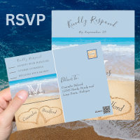Chic Dusty Blue Hearts Sand Beach Wedding RSVP