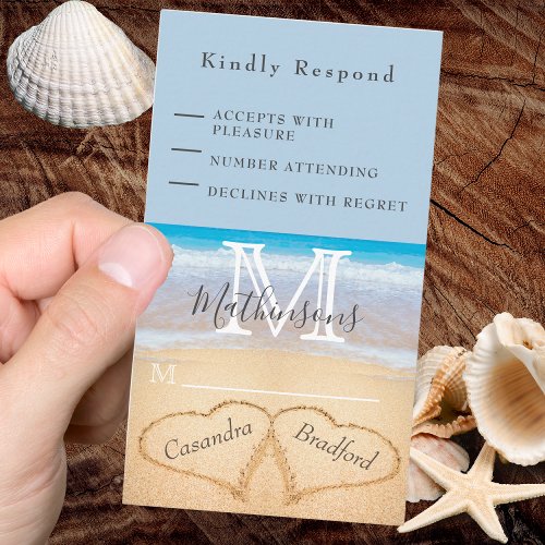 Chic Dusty Blue Hearts Sand RSVP Beach Wedding  Enclosure Card