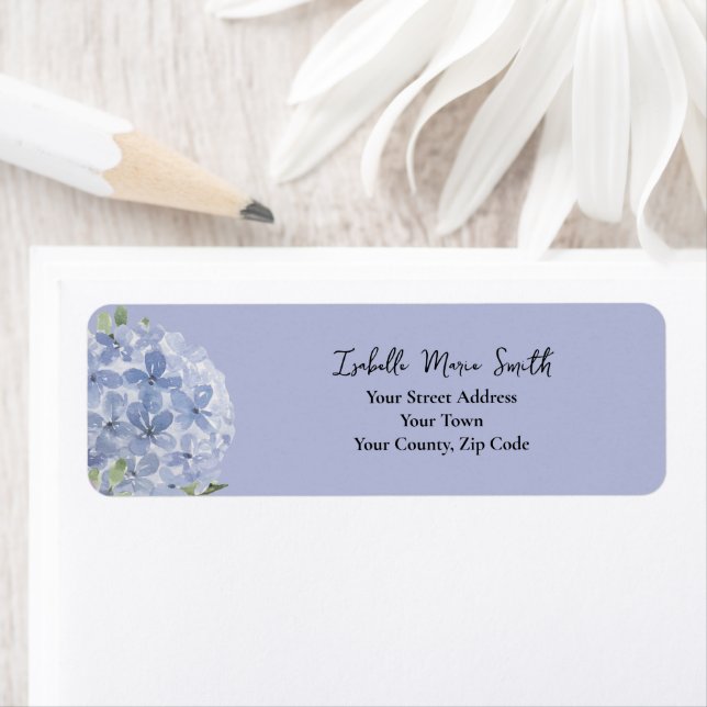 Chic Dusty Blue Hydrangea Flowers Wedding Invite Label (Insitu)
