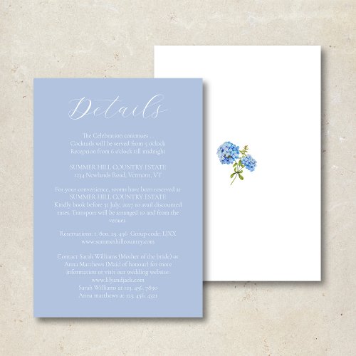 Chic Dusty Blue Hydrangea Wedding Details Card