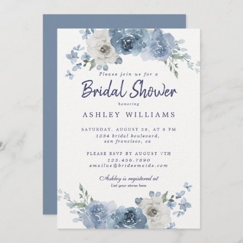 Chic Dusty Blue Ivory Rose Bridal Shower Invitatio Invitation
