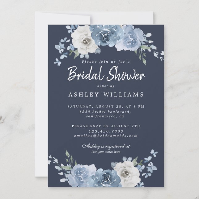 Chic Dusty Blue Ivory Rose Dark Blue Bridal Shower Invitation (Front)