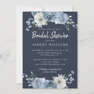 Chic Dusty Blue Ivory Rose Dark Blue Bridal Shower Invitation