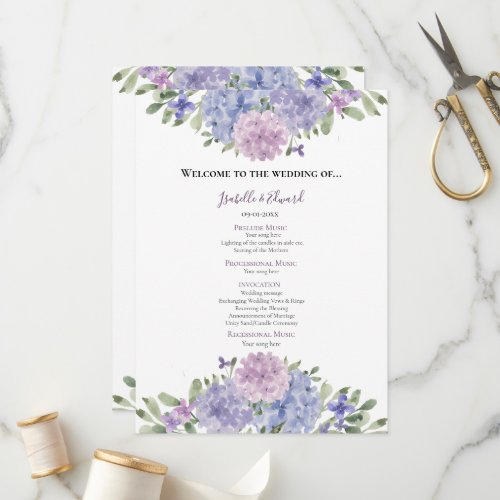 Chic Dusty Blue Lilac Watercolor Floral Wedding Program