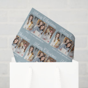 Chic Dusty Blue Merry Christmas Photo Collage Tissue Paper