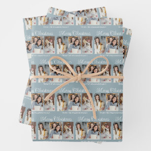 Chic Dusty Blue Merry Christmas Photo Collage Wrapping Paper Sheets