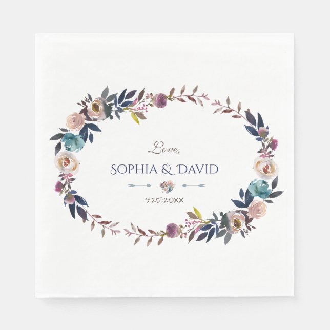 Chic Dusty Blue Misty Rose Wreath Wedding Napkins (Front)