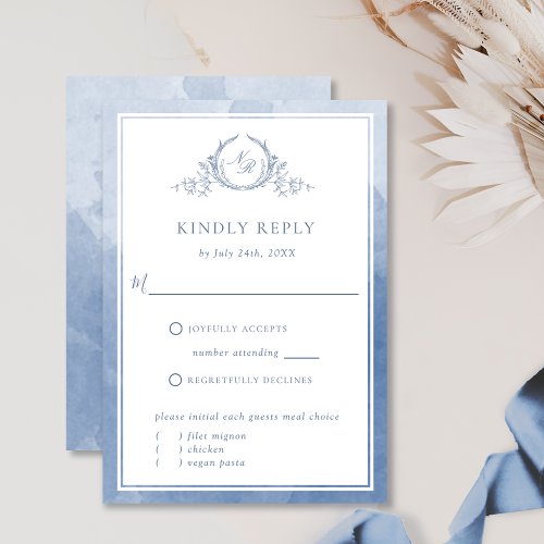 Chic Dusty Blue Monogram and Watercolor RSVP