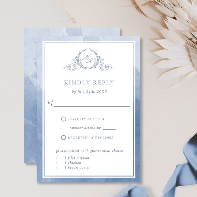 Chic Dusty Blue Monogram and Watercolor RSVP (Creator Uploaded)