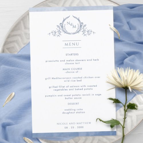 Chic Dusty Blue Monogram Watercolor Wedding Menu