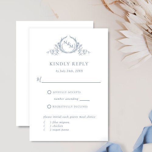 Chic Dusty Blue Monogram With Without Meals RSVP
