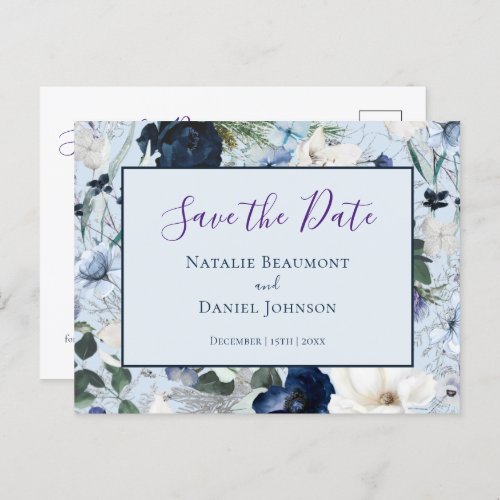 Chic Dusty Blue Navy Floral Save the Date Announcement Postcard