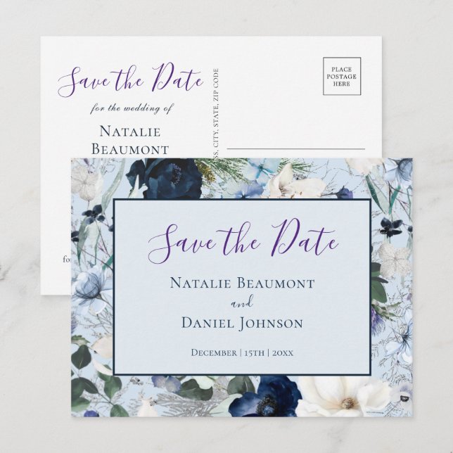 Chic Dusty Blue Navy Floral Save the Date Announcement Postcard (Front/Back)