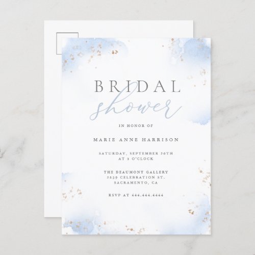 Chic Dusty Blue Ombre Gold Dust Bridal Shower Invitation Postcard