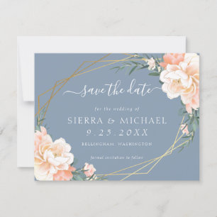 Chic Dusty Blue Peach Floral Gold Save the Date Announcement
