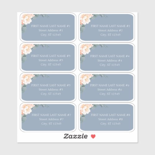 Chic Dusty Blue Peach Floral Wedding Guest Address Sticker