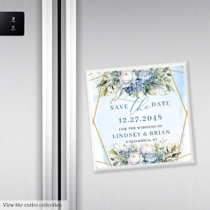 Chic Dusty Blue Peonies Gold Frame Save the Date Magnet