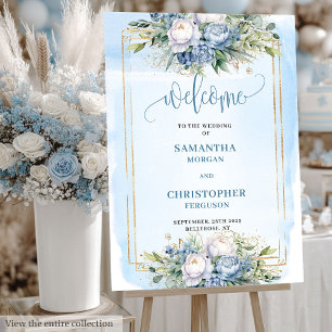 Chic Dusty Blue Peonies Gold Frame Welcome Foam Board