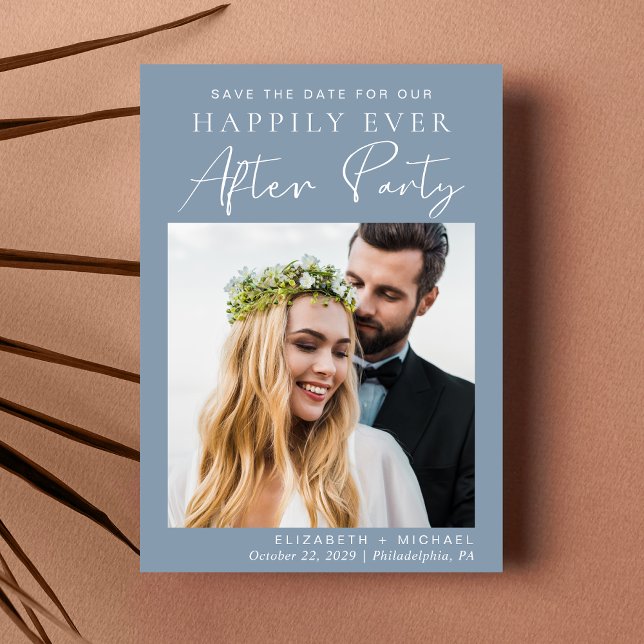 Chic Dusty Blue Photo Wedding Reception Save The Date (A stylish save the date announcement for a reception to celebrate your elopement or private wedding)