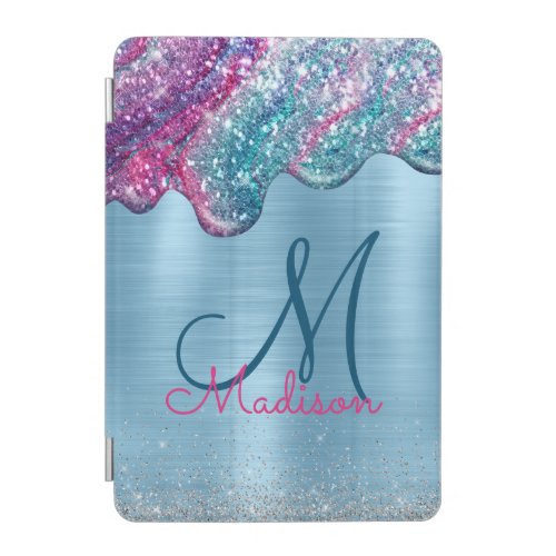 Chic dusty blue purple drips dripping monogram iPad mini cover