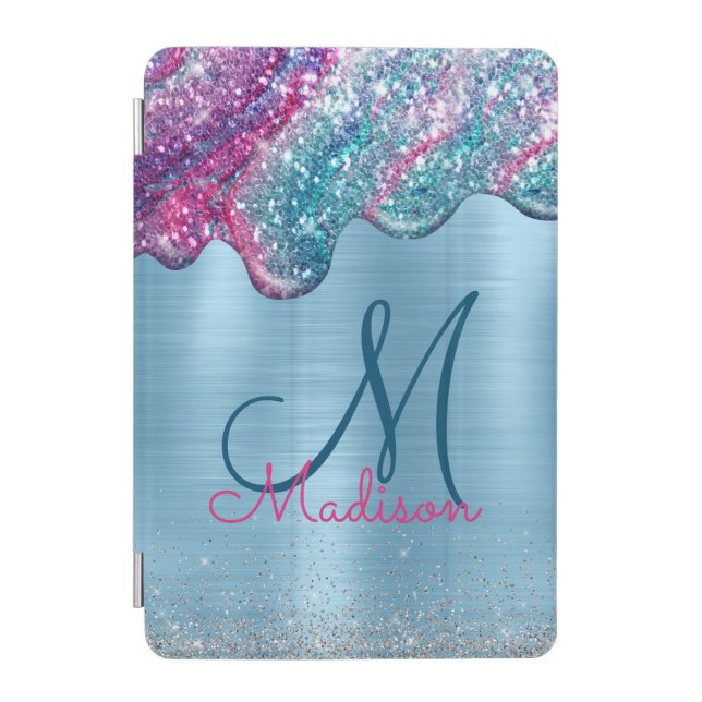 Chic dusty blue purple drips dripping monogram iPad mini cover (Front)