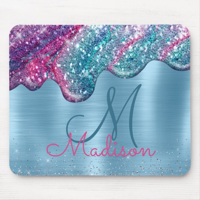 Chic dusty blue purple drips dripping monogram mouse pad (Front)