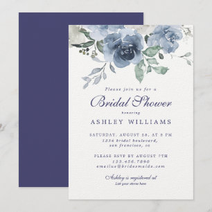 Chic Dusty Blue Rose Navy Blue Bridal Shower Invitation