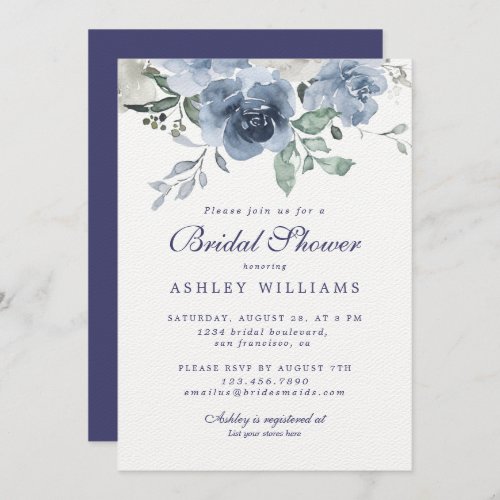 Chic Dusty Blue Rose Navy Blue Bridal Shower Invitation