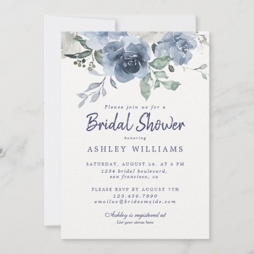 Chic Dusty Blue Rose White Bridal Shower Invitation