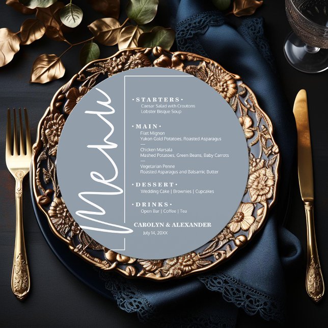 Chic Dusty Blue Round Menu (Chic dusty blue round menu is ready to be personalized for your sit-down dinner occasion.)
