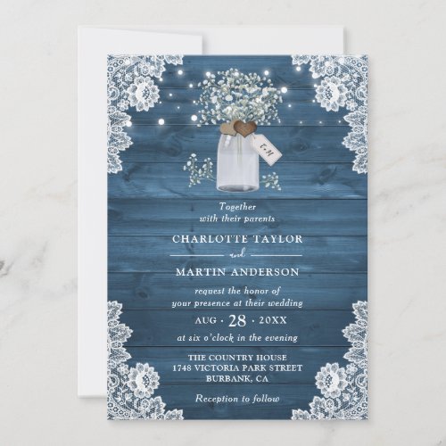Chic Dusty Blue Rustic Wood Floral Wedding Invitation
