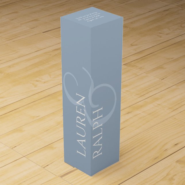 Chic Dusty Blue Script Wedding Thank You Wine Box (Front)