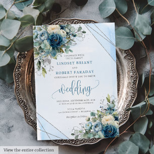 Chic Dusty Blue Silver Roses Wedding Invitation