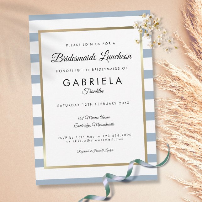 Chic Dusty Blue Stripe Gold Bridesmaids Luncheon Invitation (Creator Uploaded)