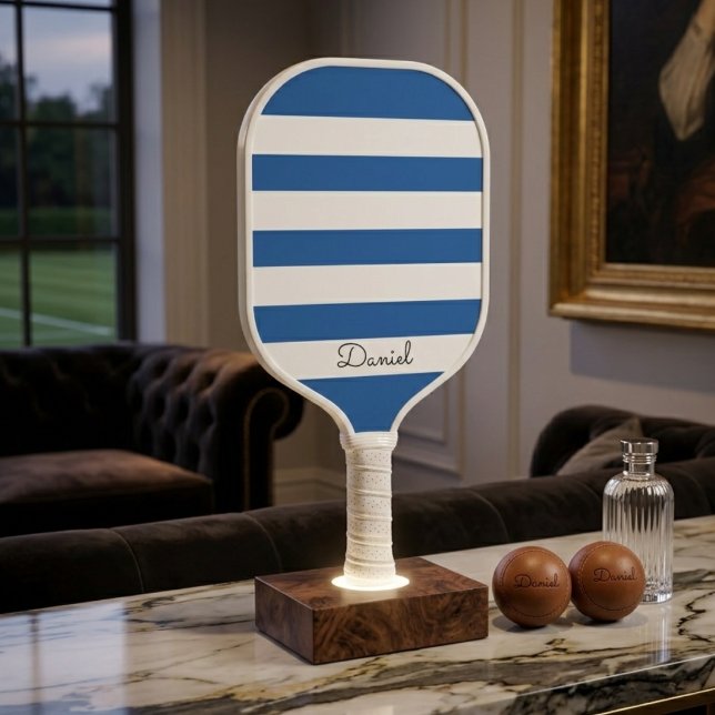 Chic Dusty Blue Stripes Monogram Pickleball Paddle (Creator Uploaded)