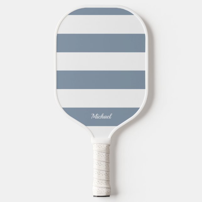 Chic Dusty Blue Stripes Striped Personalized Pickleball Paddle (Front)