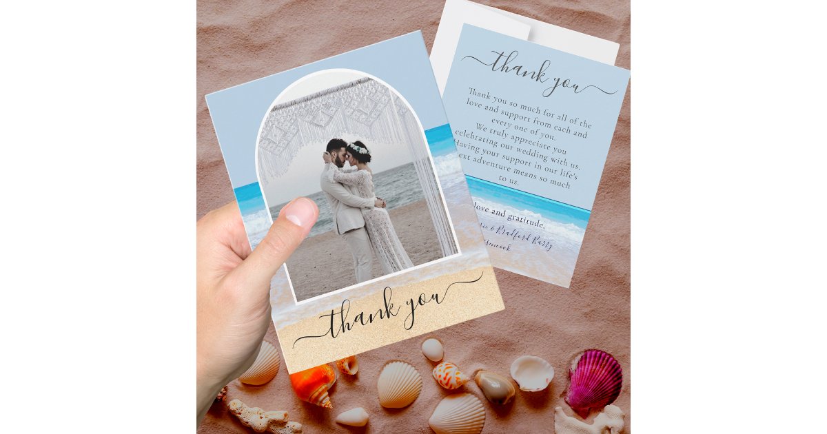 Chic Dusty Blue Tropical Beach Photo Arch Thank You Card | Zazzle