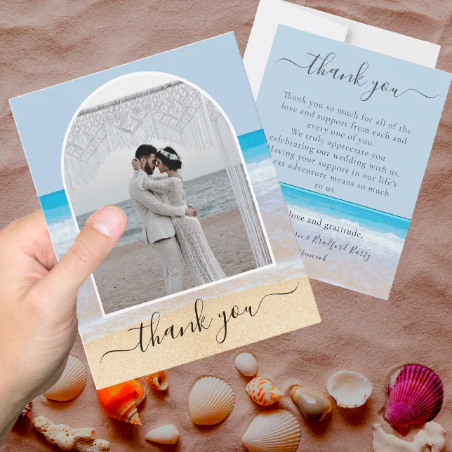 Chic Dusty Blue Tropical Beach Photo Arch Thank You Card | Zazzle