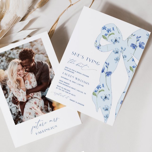 Chic Dusty Blue Tying the Knot Photo Bridal Shower Invitation (Creator Uploaded)