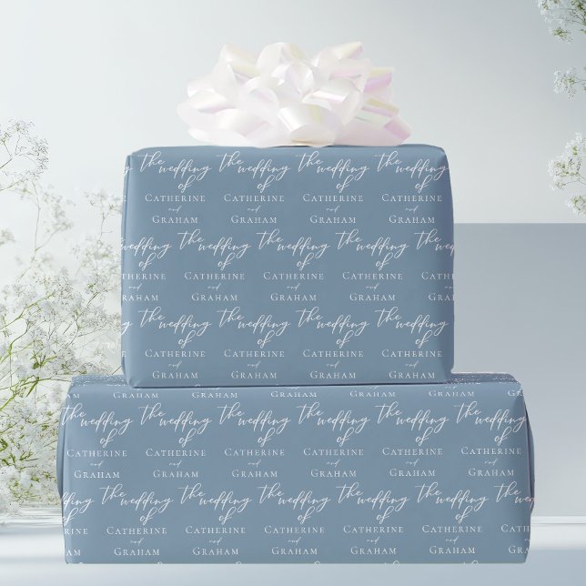 Chic Dusty Blue Typography Personalized Wedding Wrapping Paper (Creator Uploaded)