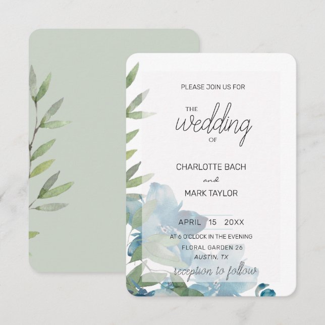 Chic Dusty Blue Watercolor Floral Invitation (Front/Back)