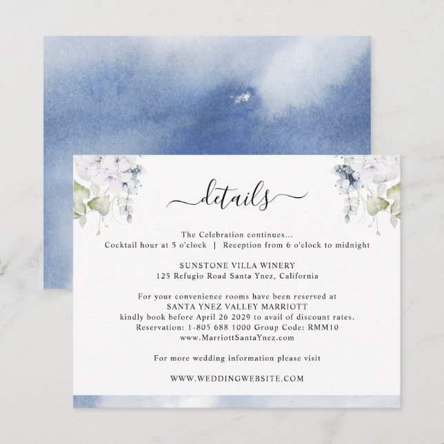 Chic Dusty Blue Watercolor, Floral Wedding Details Enclosure Card (Front/Back)
