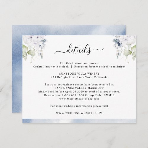 Chic Dusty Blue Watercolor Floral Wedding Details Enclosure Card